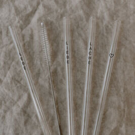 Strohhalme Lebe Liebe Lache schwarz aus Glas 20cm